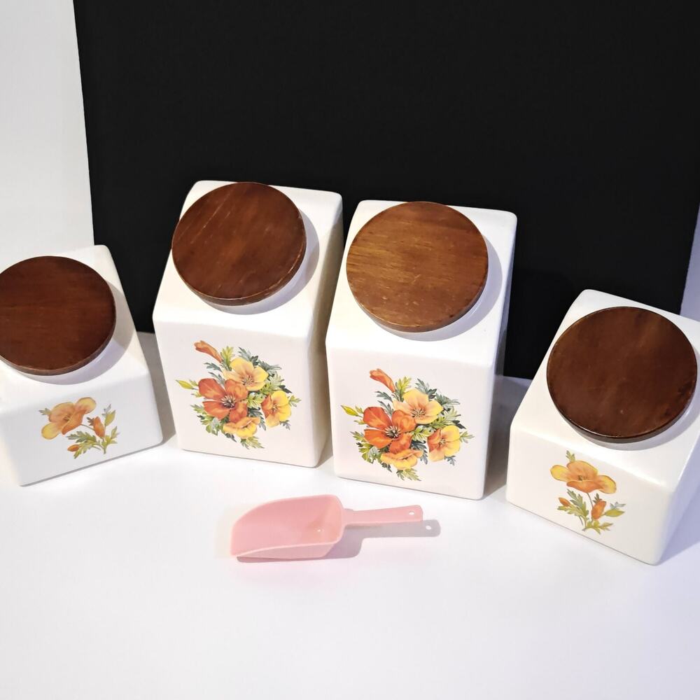 Set Of 4 Hyalyn USA Canister Pottery Pieces Wood Tops Vtg Vegetable w Scoop - Picture 13 of 15